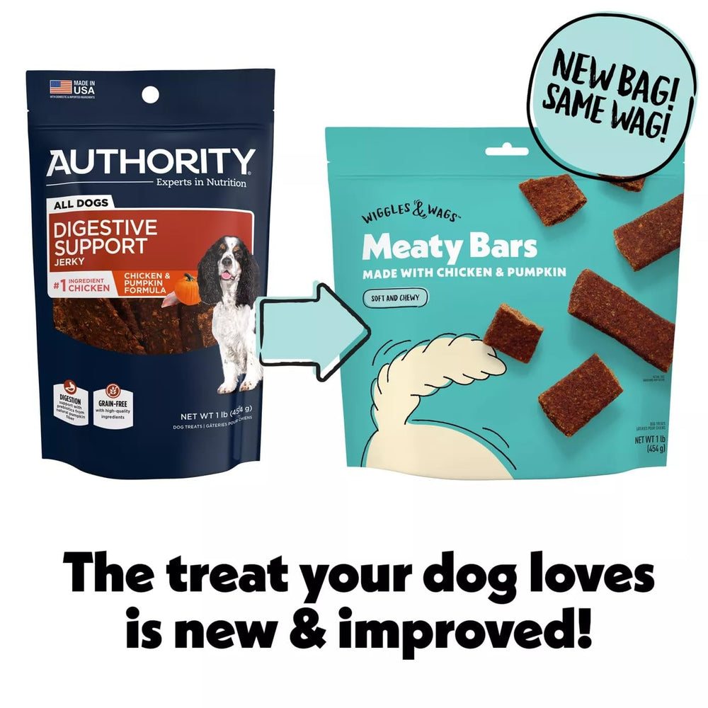 Wiggles & Wags Meaty Bars close-up, soft chewy texture supports easy chewing.