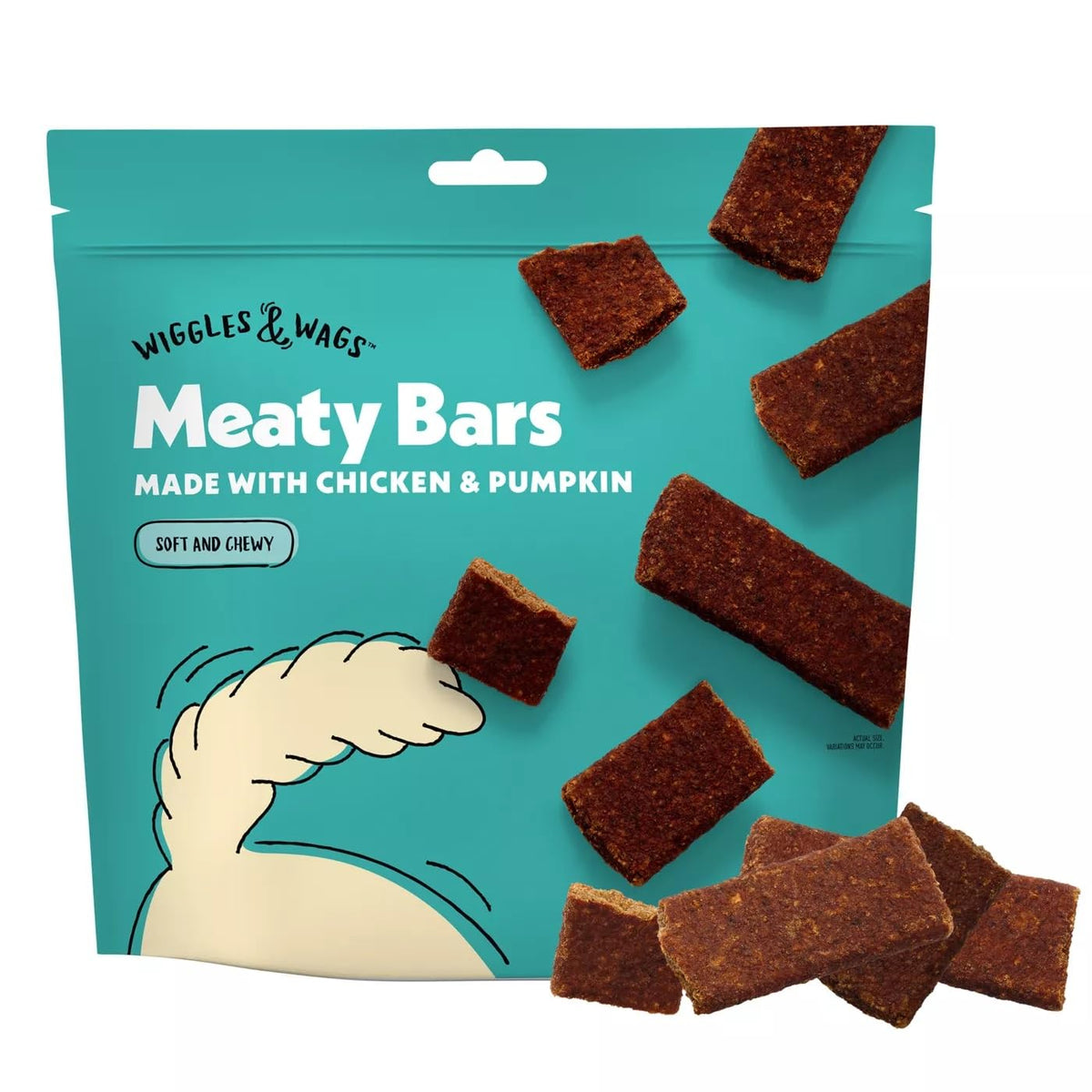 Wiggles & Wags Meaty Bars packaging shows chicken and pumpkin, a tasty daily reward.