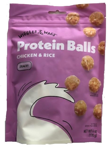 Wiggles & Wags Protein Balls Chicken & Rice Crunchy bag—great for all dog sizes.