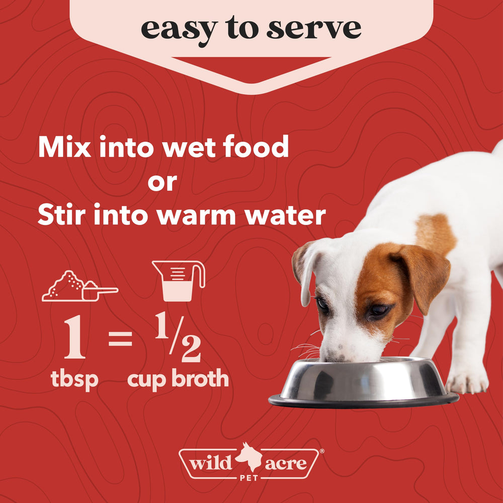 Wild Acre broth image showing glossy coat and hydrated skin benefits.