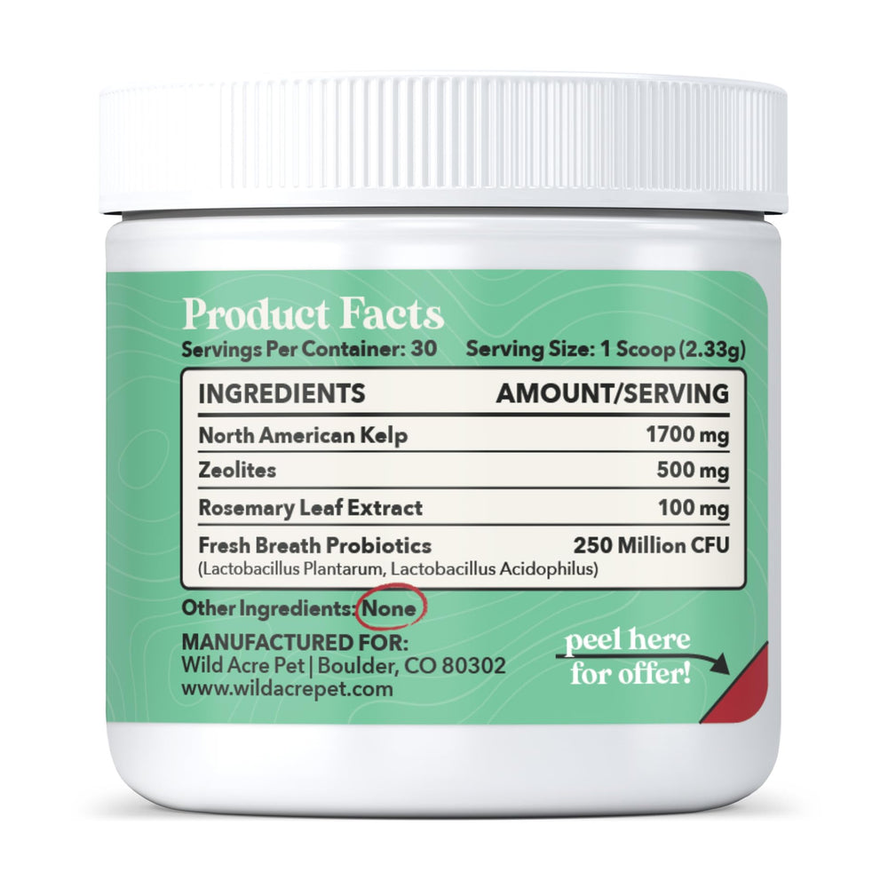 Wild Acre dental powder being sprinkled into dog food for easy use.