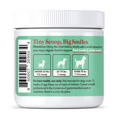 Wild Acre dental powder on dog teeth demonstration of fresh breath benefits.