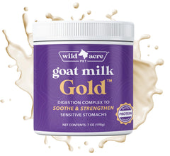 Wild Acre goat milk powder sprinkled over dog food for easy feeding