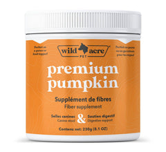Wild Acre pumpkin powder packaging jar shows convenient fiber supplement for dogs.