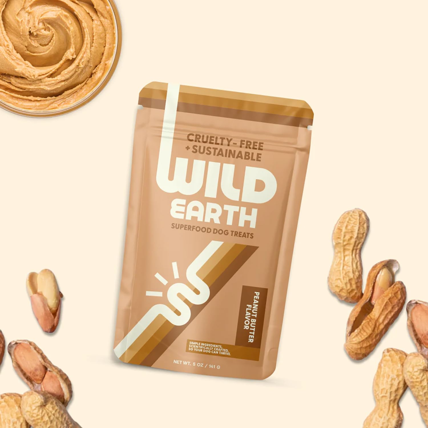 Wild Earth dog-treat-closeup shows natural texture and peanut-butter flavor.