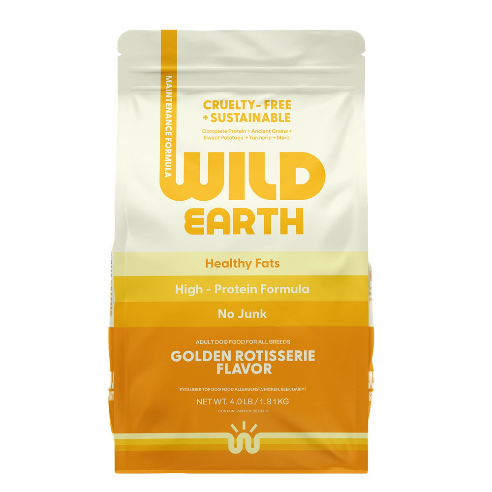 Wild Earth vegan dry dog food bag showing complete plant-based formula for dogs