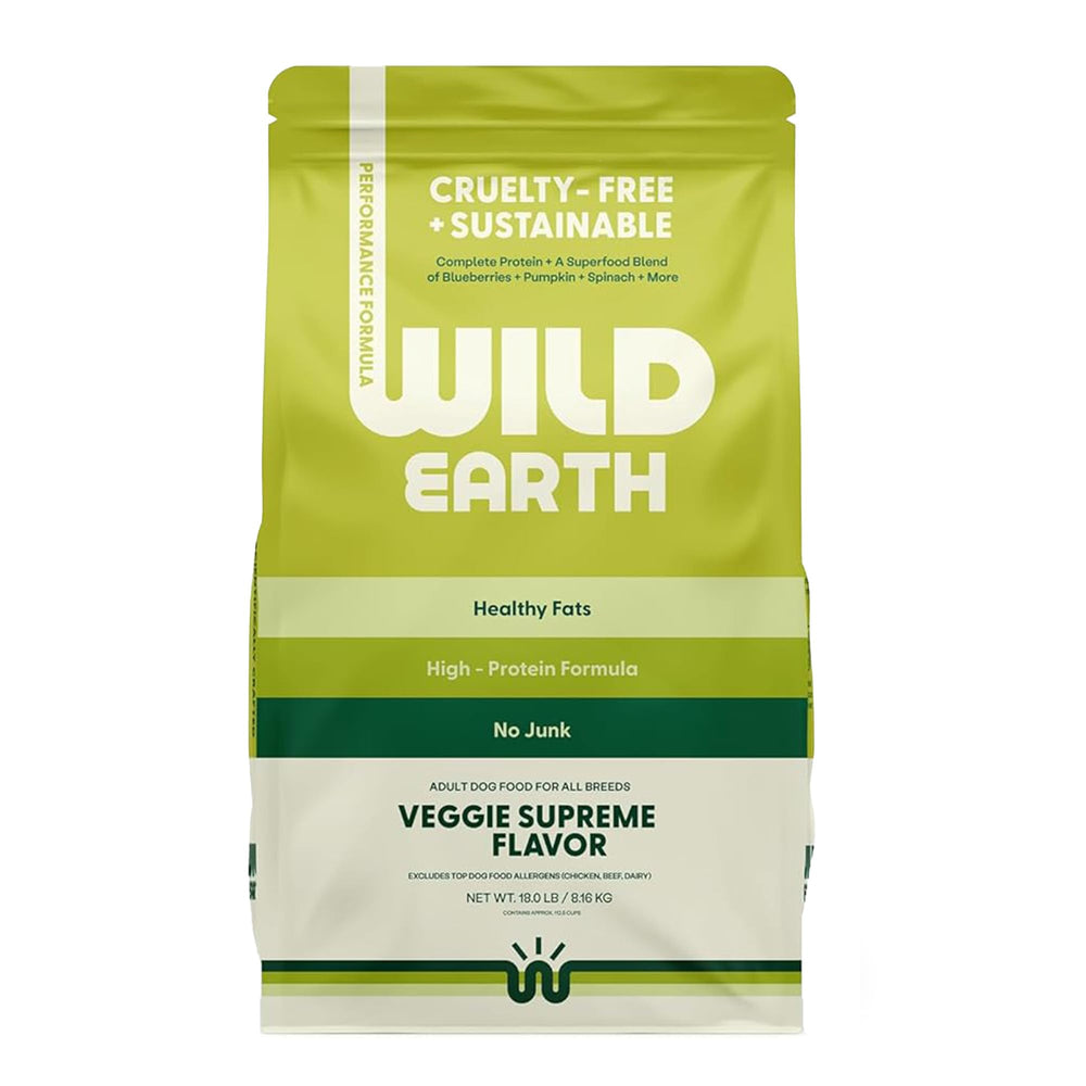 Wild Earth Veggie Supreme kibble close-up showing plant-based protein