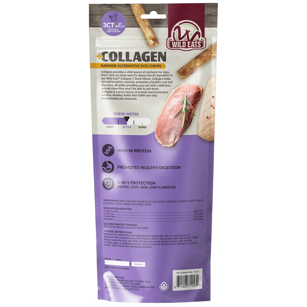 Wild Eats Collagen Chews duck-stick being enjoyed by a dog.