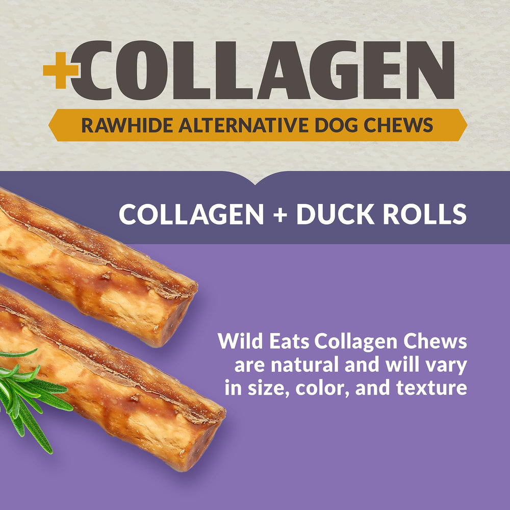 Wild Eats Collagen Chews packaging shows 3-count duck sticks.