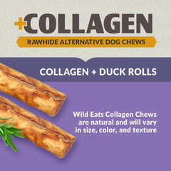 Wild Eats Collagen Chews packaging shows 3-count duck sticks.