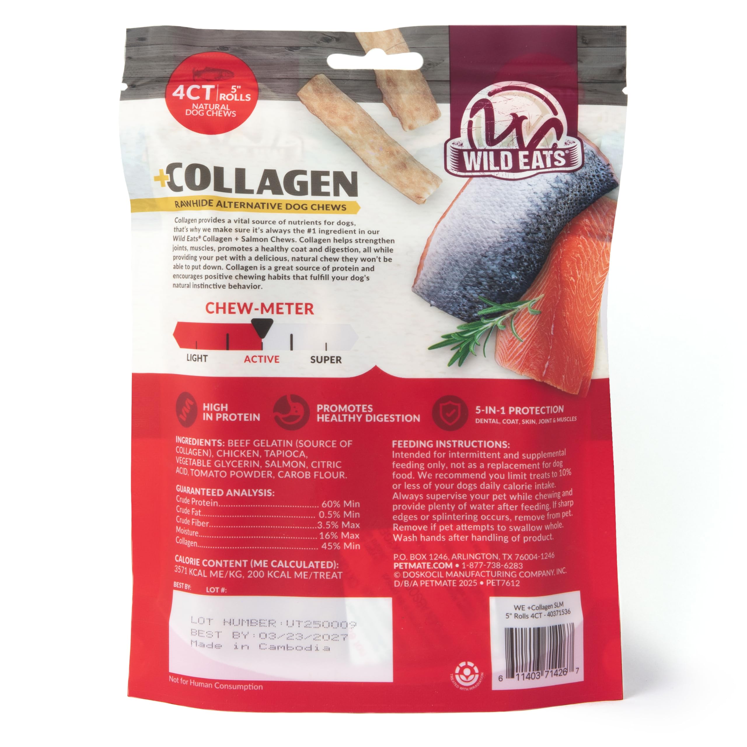 Wild Eats Collagen Sticks Real Salmon 25ct dog chew in mouth for long-lasting chew.