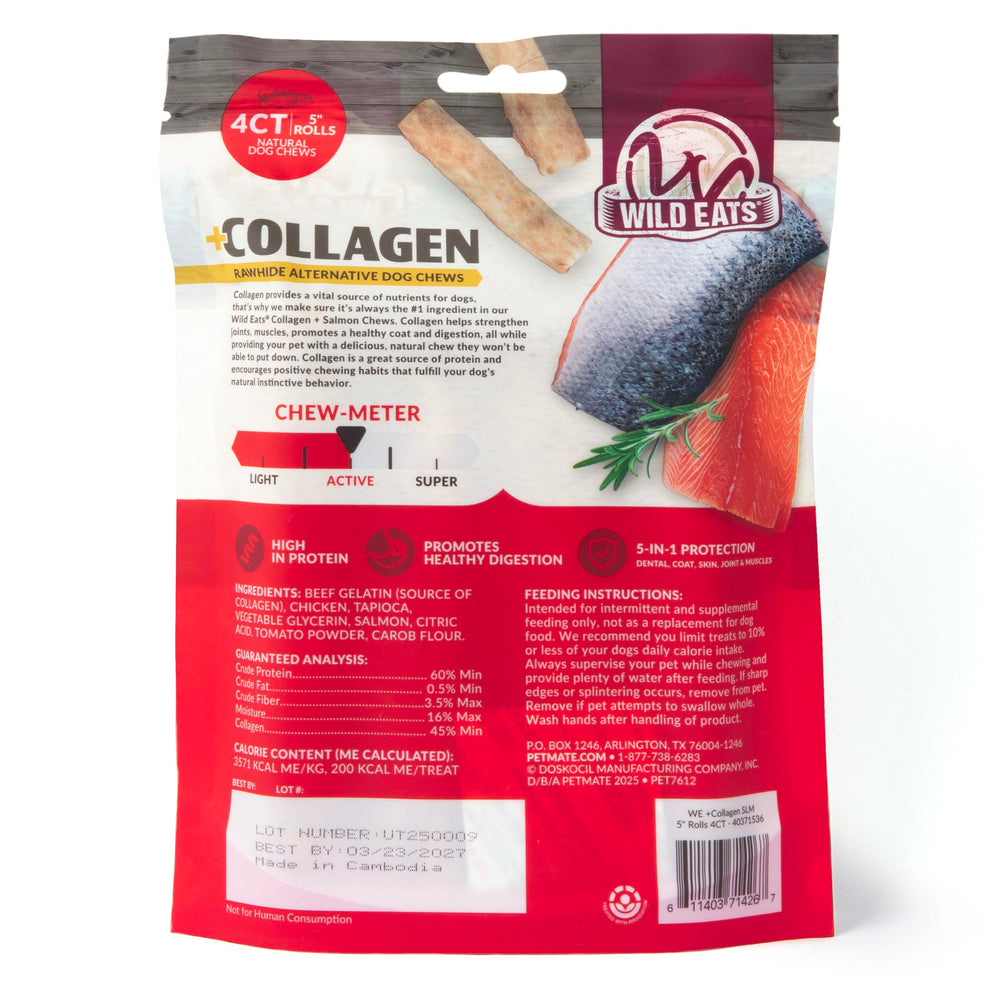 Wild Eats Collagen Sticks Real Salmon 25ct dog chew in mouth for long-lasting chew.