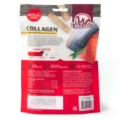 Wild Eats Collagen Sticks Real Salmon 25ct dog chew in mouth for long-lasting chew.