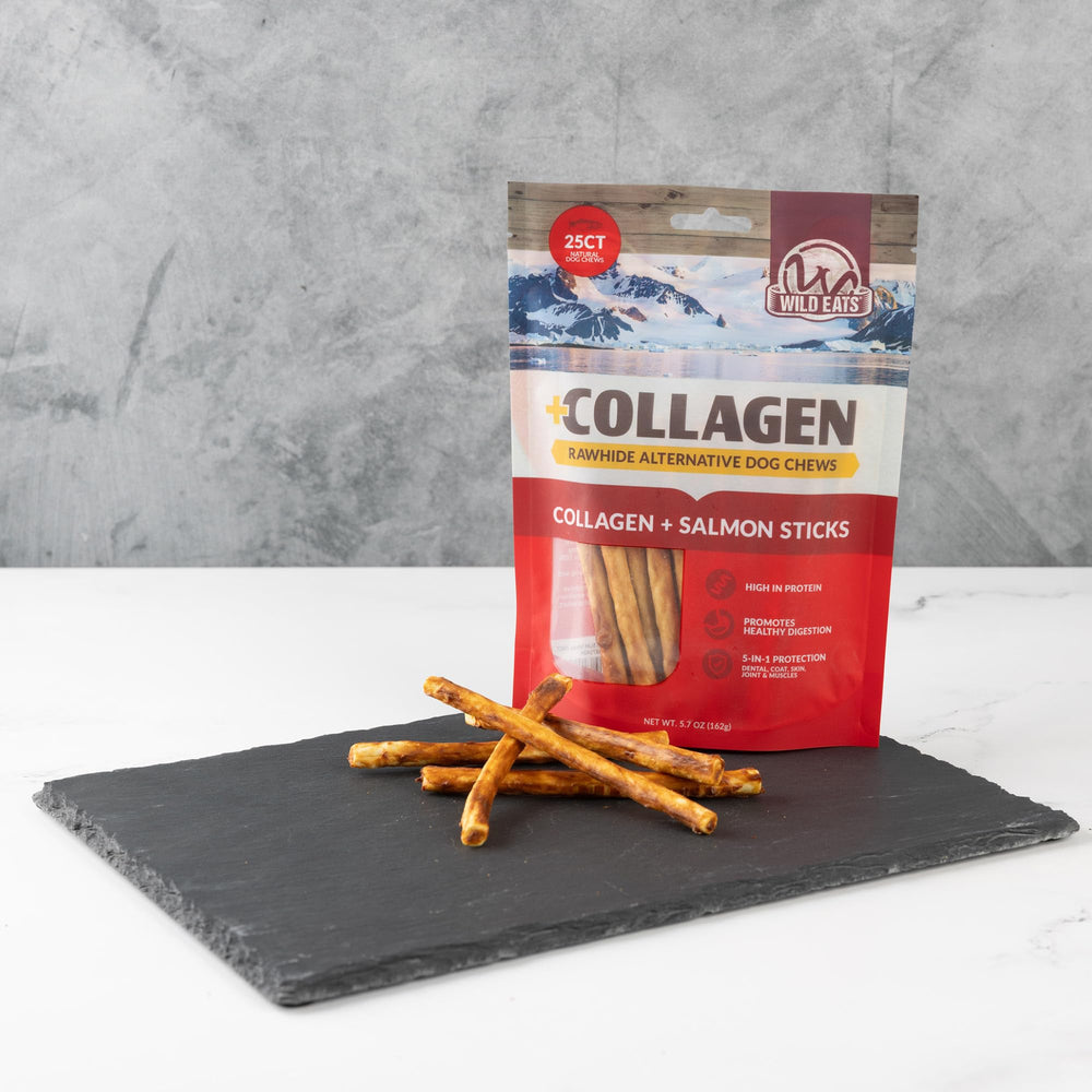 Wild Eats Collagen Sticks Real Salmon 25ct no artificial colors signals clean ingredients.