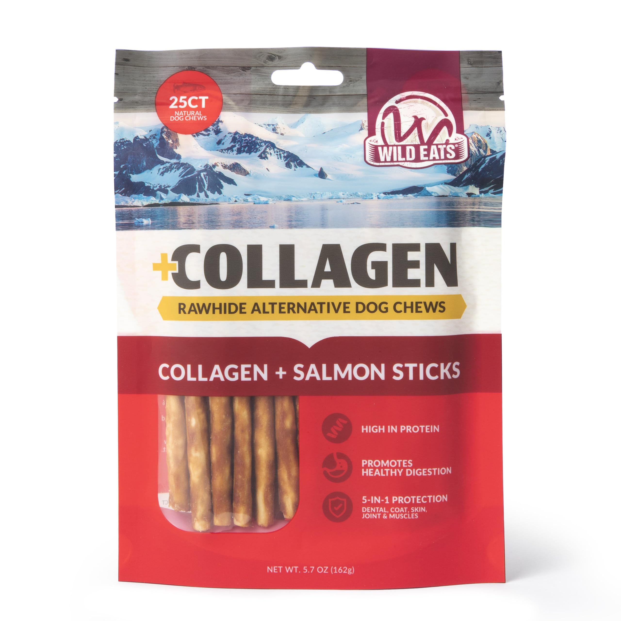 Wild Eats Collagen Sticks Real Salmon 25ct packaging shows transparent labeling.