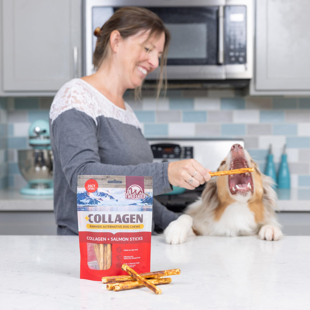 Wild Eats Collagen Sticks Real Salmon 25ct rawhide-free labeling and safety notes.