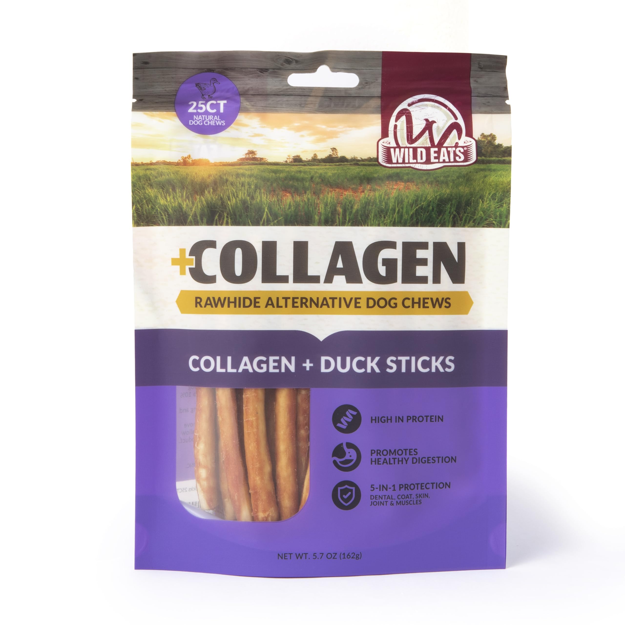 Wild Eats Duck Collagen Sticks product shot highlighting long-lasting, grain-free protein chew.