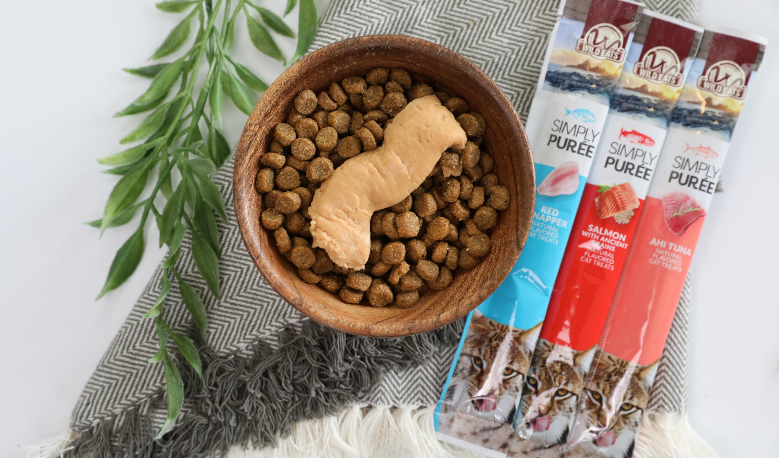 Wild Eats lickable cat treats exotic fish hand-feeding captures bonding moment.