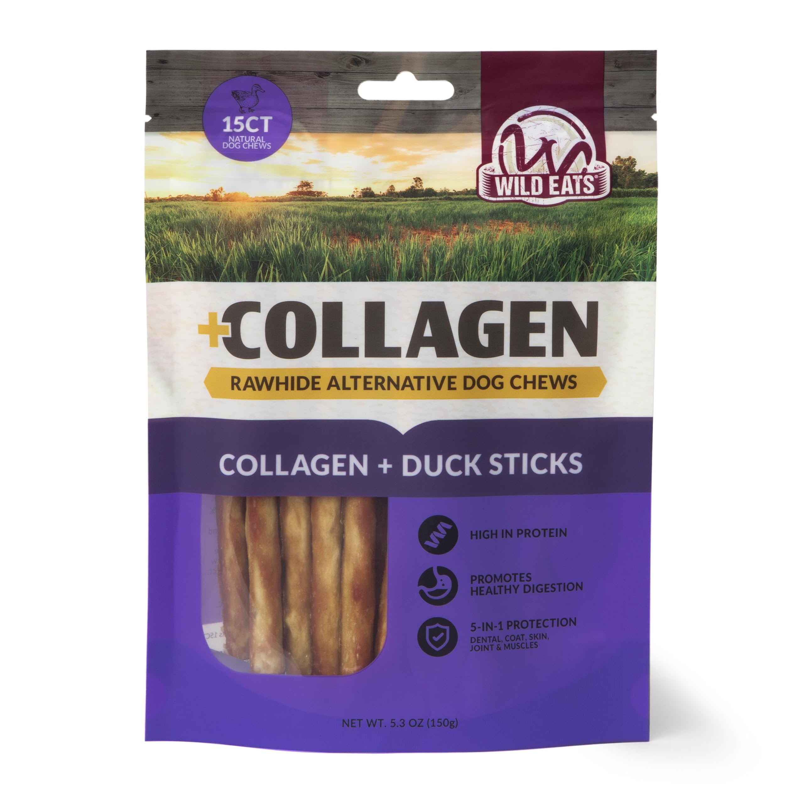 Wild Eats Real Duck Collagen Retriever Stick close-up, rawhide-free chew for dogs with dental-friendly benefits.