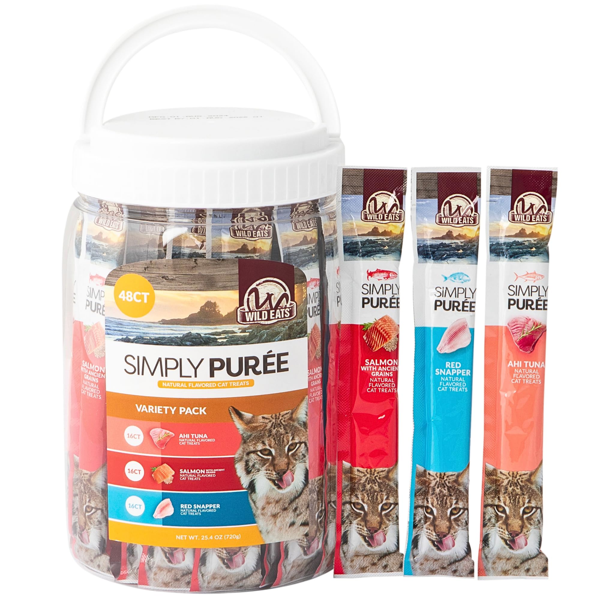 Wild Eats Simply Puree ahi tuna tub, high-protein snack for cats.