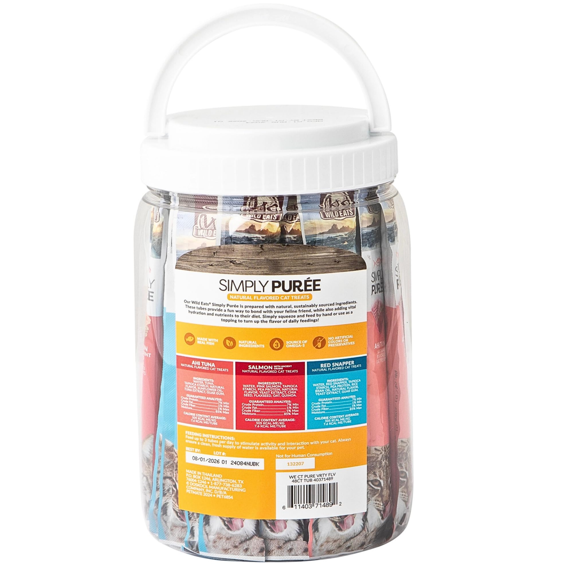 Wild Eats Simply Puree pink salmon tub, palatable flavor for picky eaters.