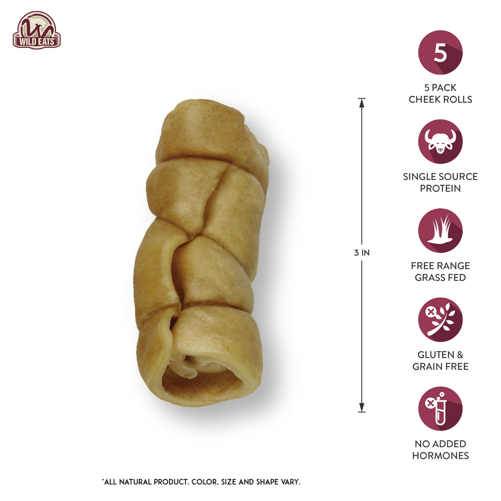 Wild Eats Water Buffalo Cheek Roll close-up shows natural texture for durable chewing