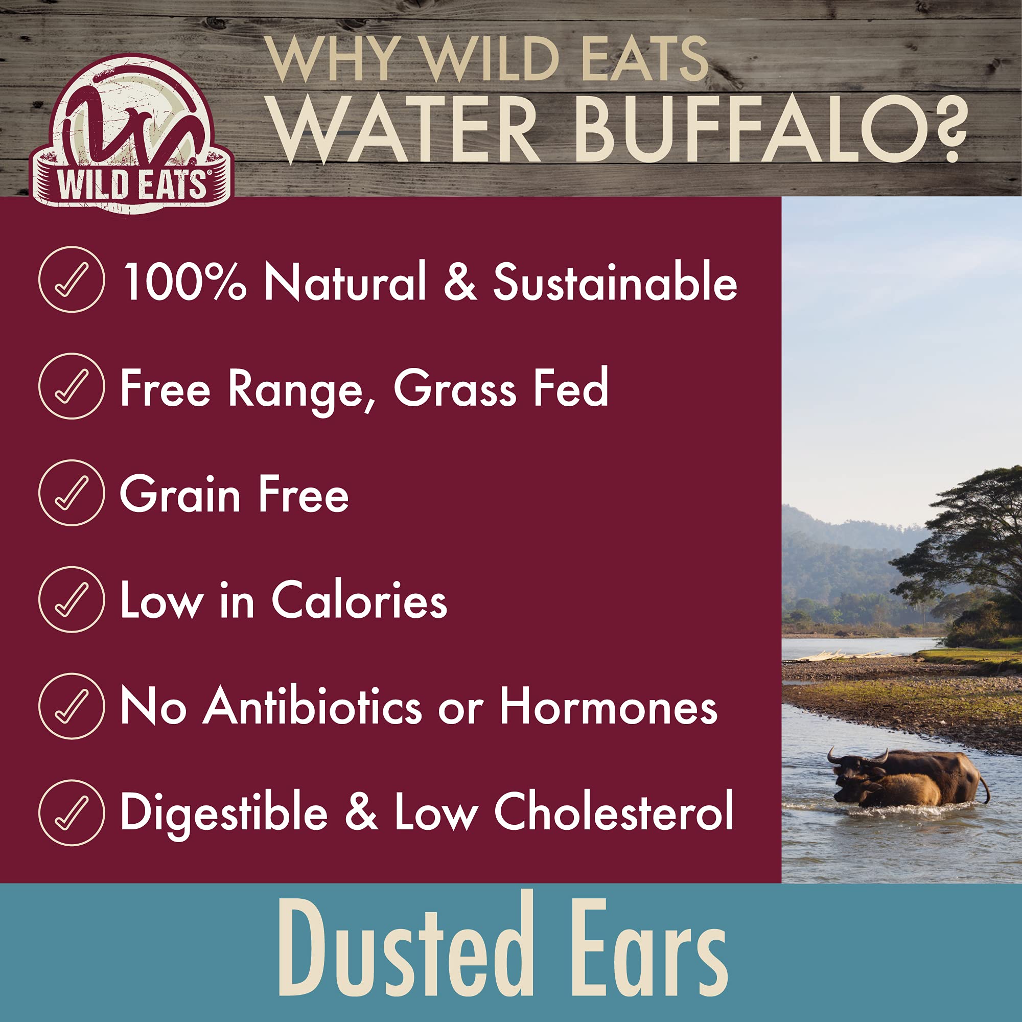 Wild Eats Water Buffalo ear dusted natural color reflects grass-fed ingredients.