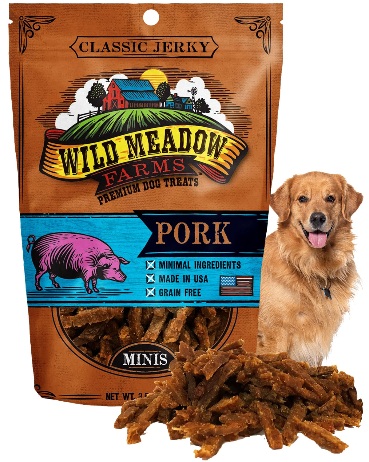 Wild Meadow Farms Classic Pork Minis pouch front, high-value training reward in a portable pouch.