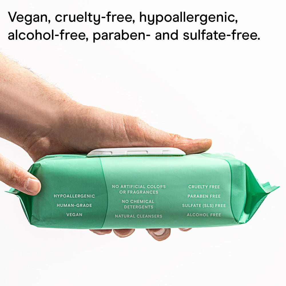 Wild One eucalyptus dog wipes near face and outer ear—gentle enough for sensitive areas.