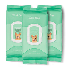 Wild One eucalyptus dog wipes pack—resealable lid keeps wipes fresh for on-the-go cleanups.