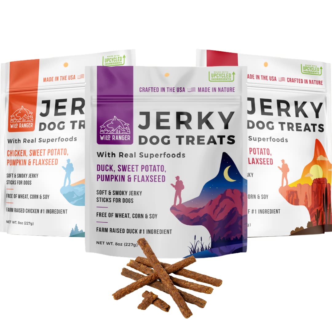Wild Ranger Wild Nature jerky packaging showcases USA-made, grain-free dog treats for all sizes.
