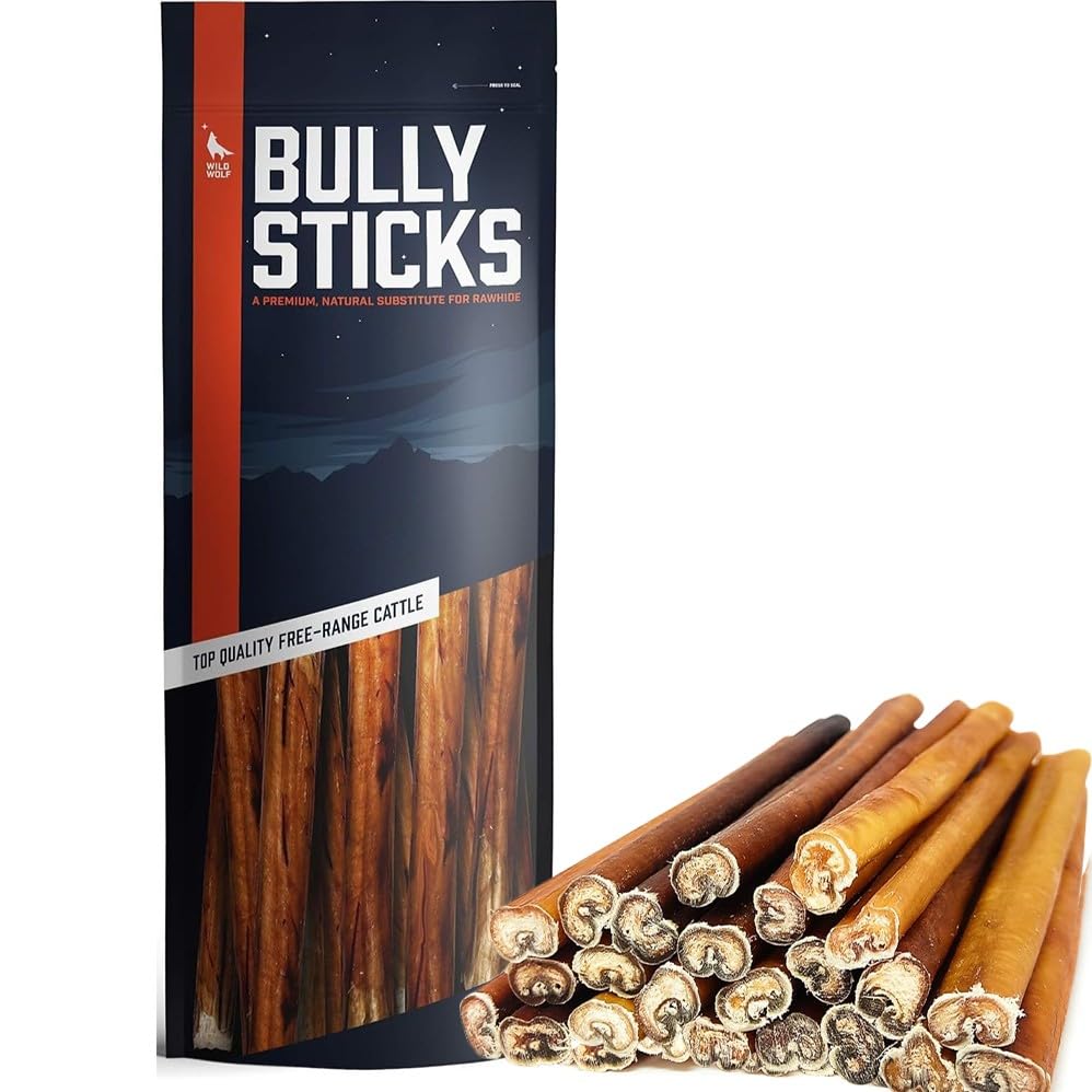 Wild Wolf Angus Bully Stick 12-inch pack for long-lasting chew and dental care.