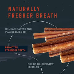Wild Wolf Angus Bully Sticks texture close-up emphasizes a durable, tartar-scraping chew.