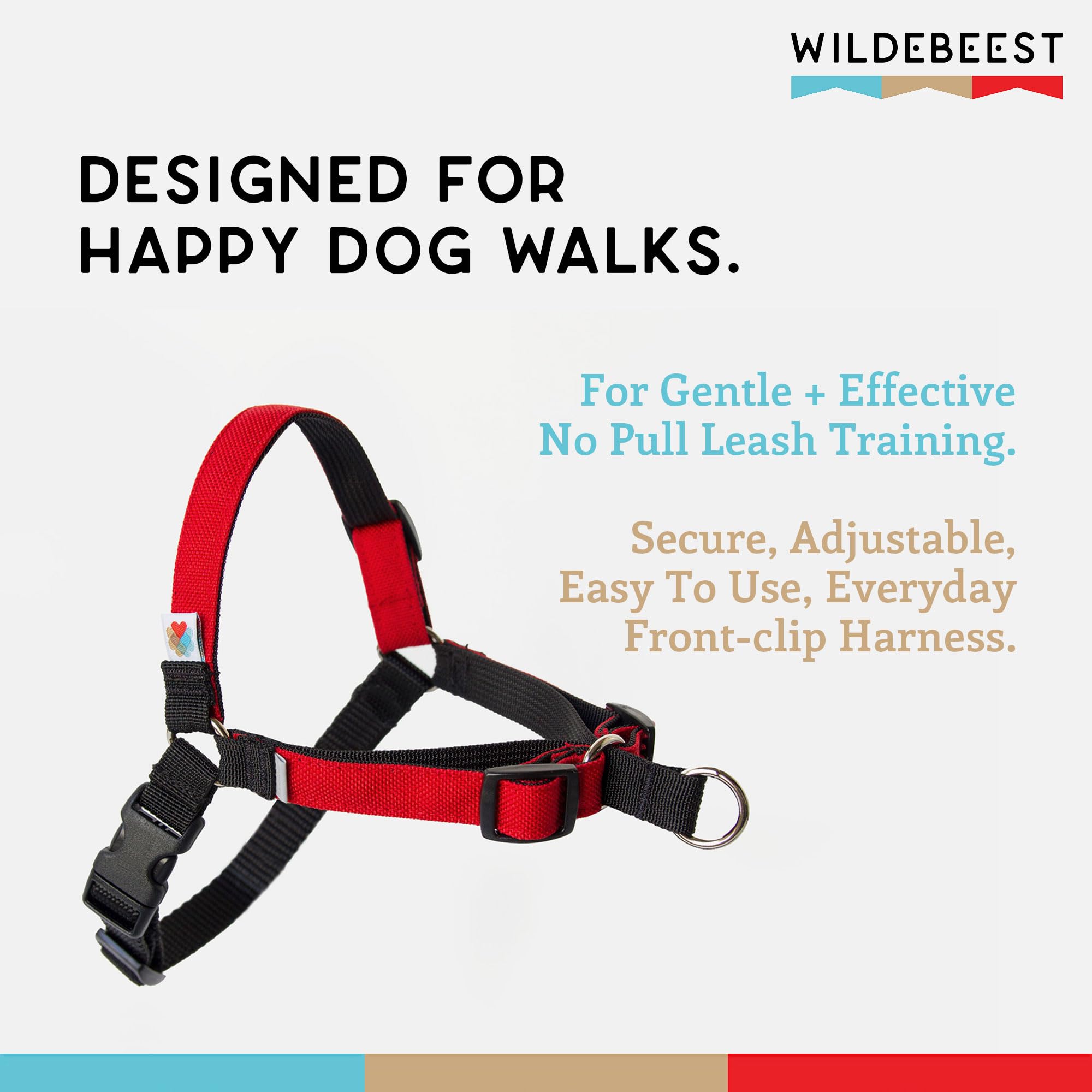 Wildebeest No Pull Harness adjustment straps demonstrate four-point fit.
