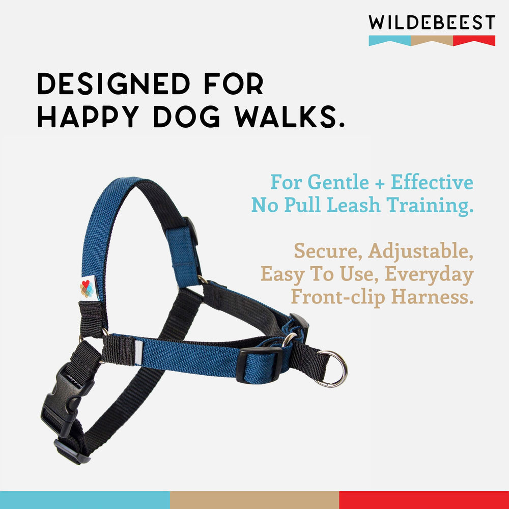 Wildebeest No Pull Harness side view in navy emphasizing 4-point adjustability