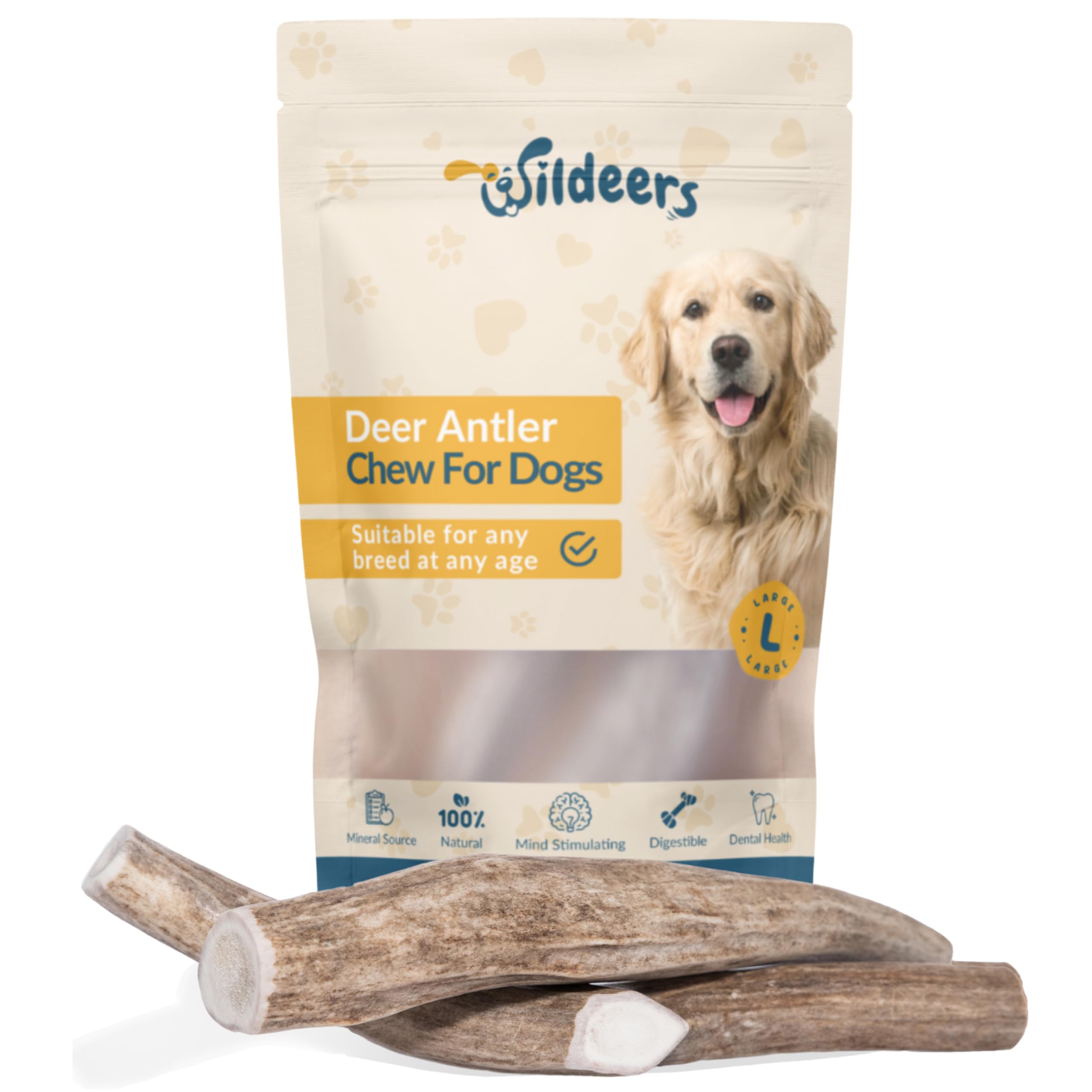 Wildeers Large Deer Antlers for Dogs—the natural, long-lasting chew for strong chewers.
