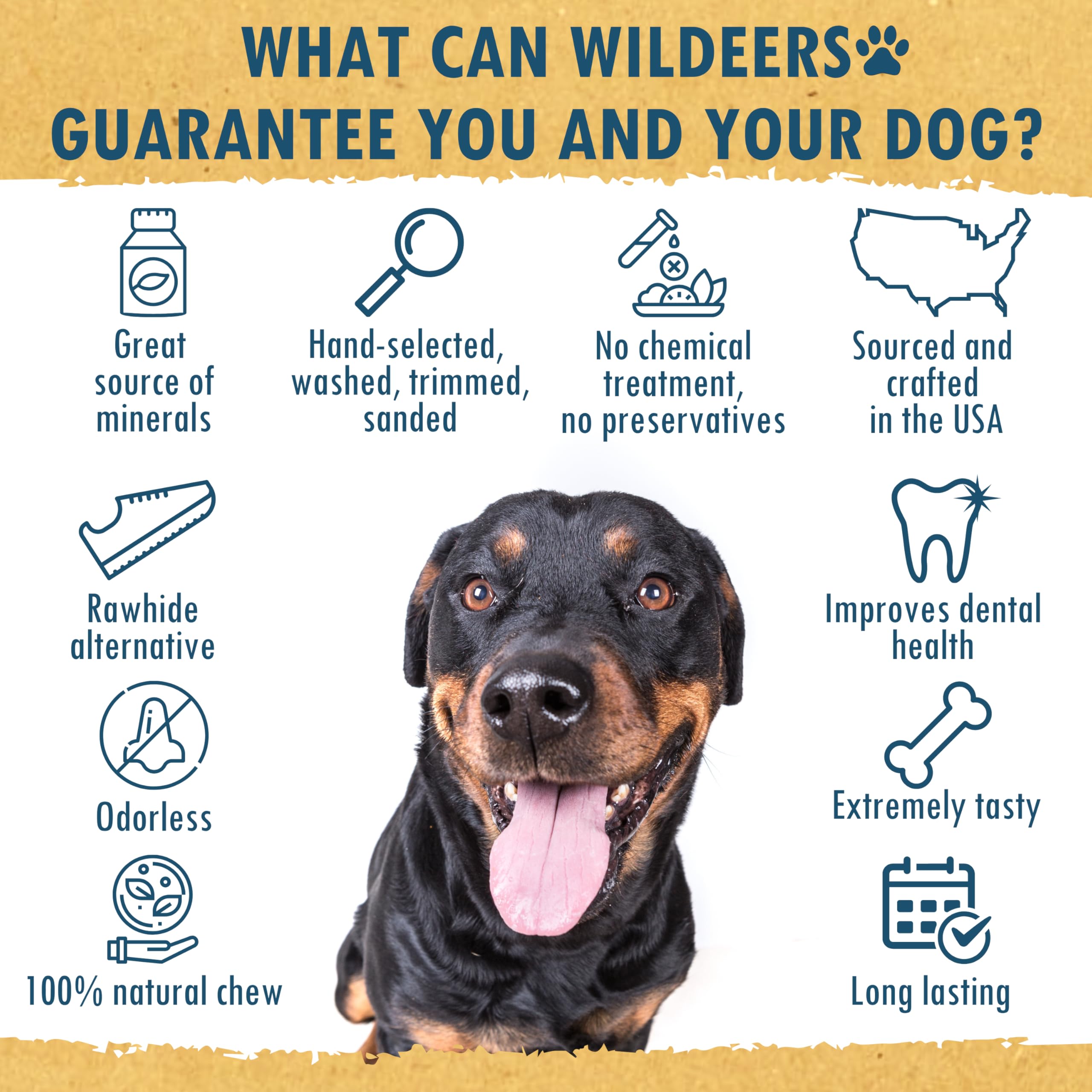 Wildeers Large Deer Antlers for Dogs in packaging—fresh, inspected, minimal mess.