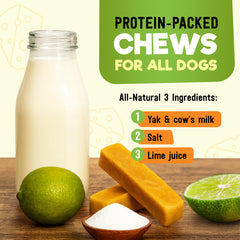 Wilder Tails yak chews ingredients image highlights all-natural milk, salt, lime.