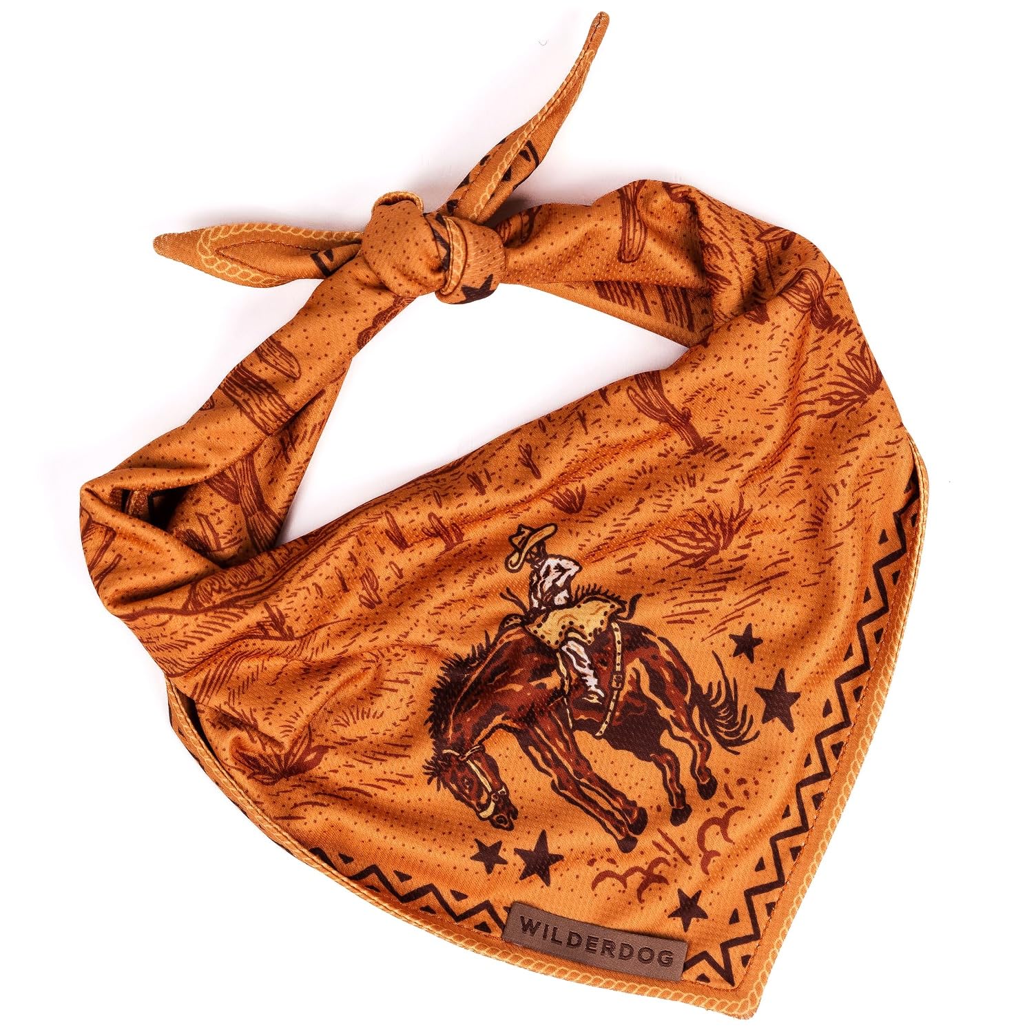 Wilderdog dog bandana cowpoke pattern on neck, quick-dry fabric for outdoor adventures.