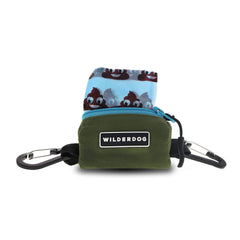 Wilderdog poop bag holder shown on leash clip for quick bag access.