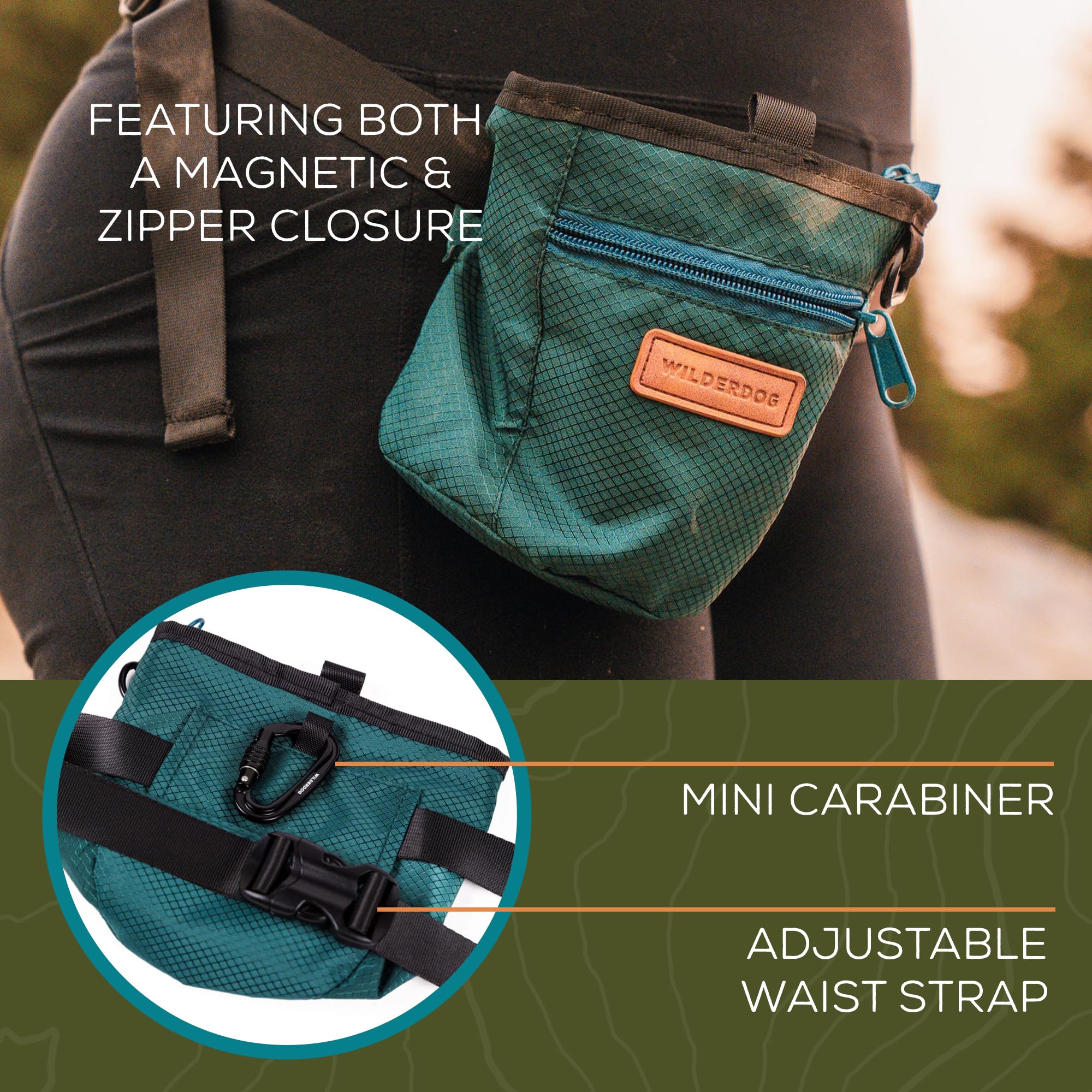 Wilderdog carabiner-attached pouch ready to clip to leash or belt.