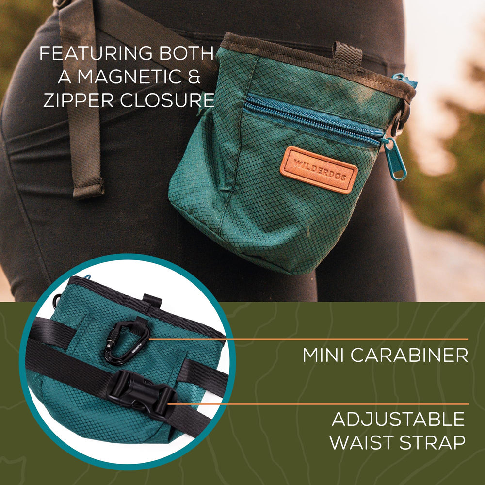 Wilderdog carabiner-attached pouch ready to clip to leash or belt.