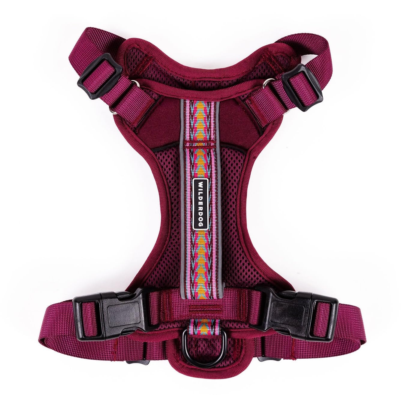 Wilderdog Huckleberry harness front view with reflective straps for night safety.