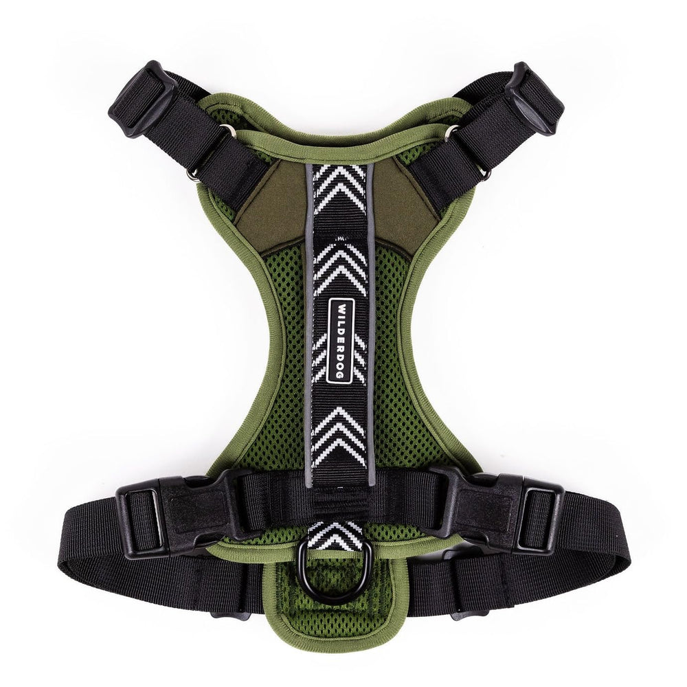 Wilderdog lightweight harness olive side view highlighting low weight for daily walks