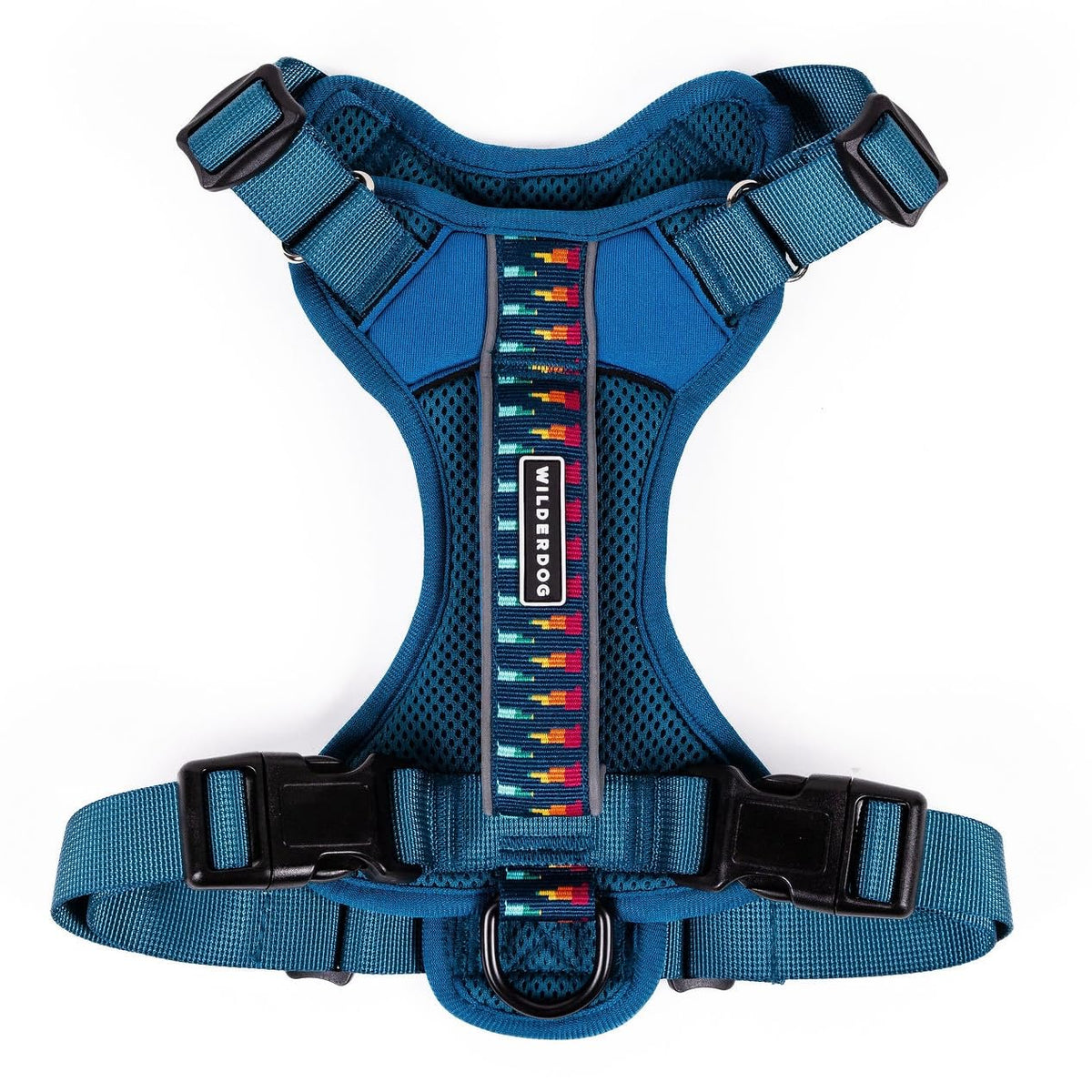 Wilderdog lightweight harness Pacific Blue over-head fit enables quick on-off during daily walks.