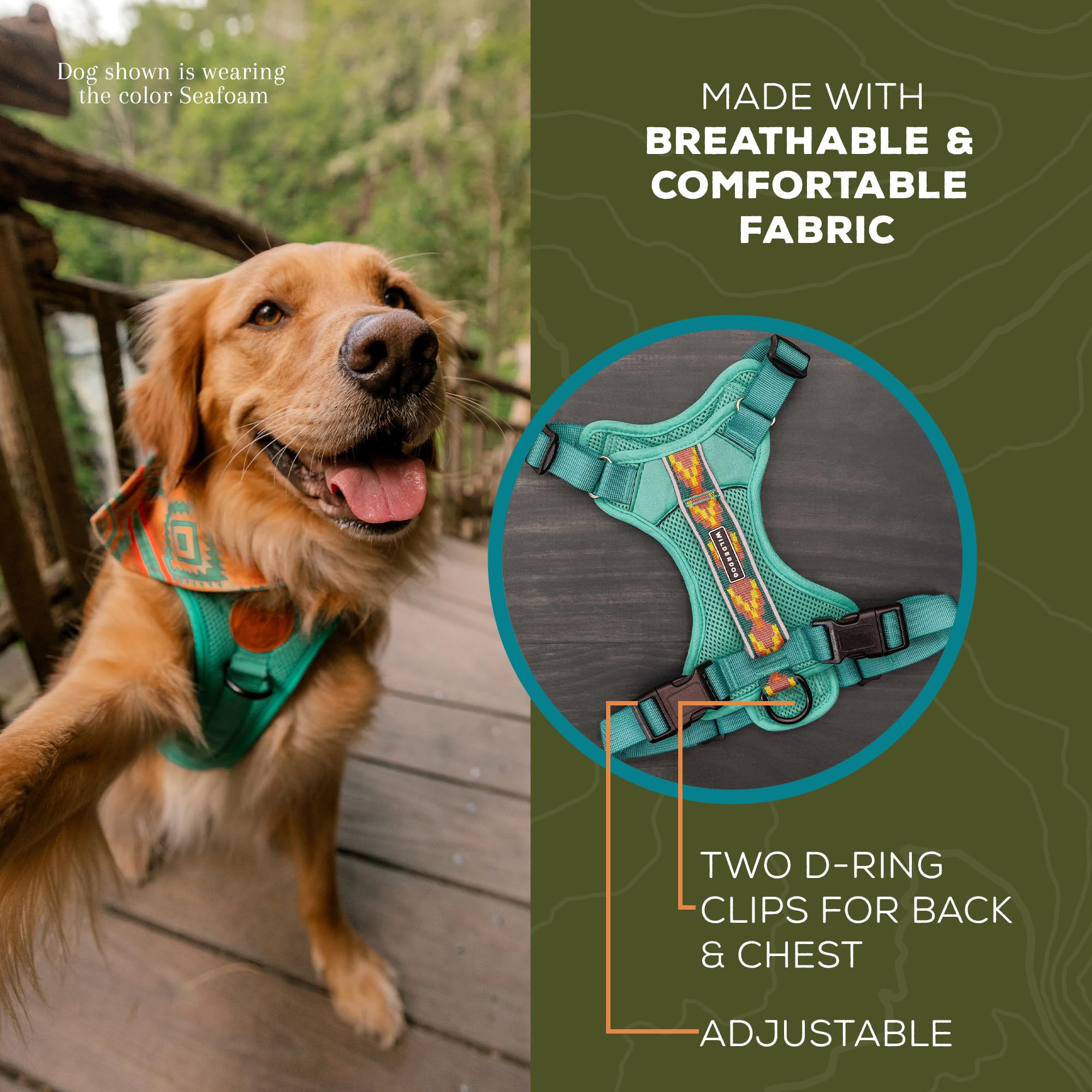 Wilderdog lightweight harness seafoam top-handle allows quick assist over obstacles.
