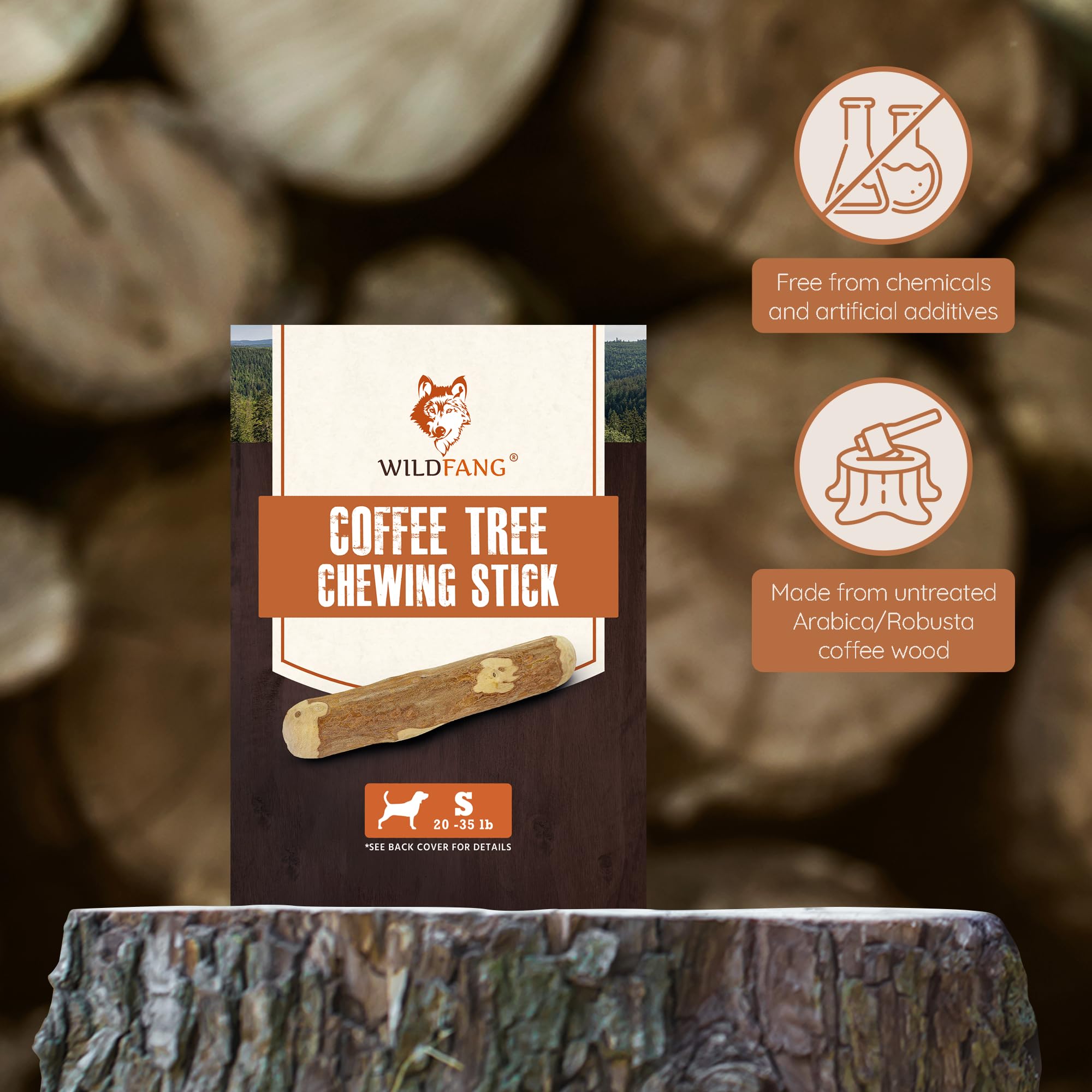Wildfang Coffee Wood Dog Chew small durable surface emphasizes splinter resistance and safety.
