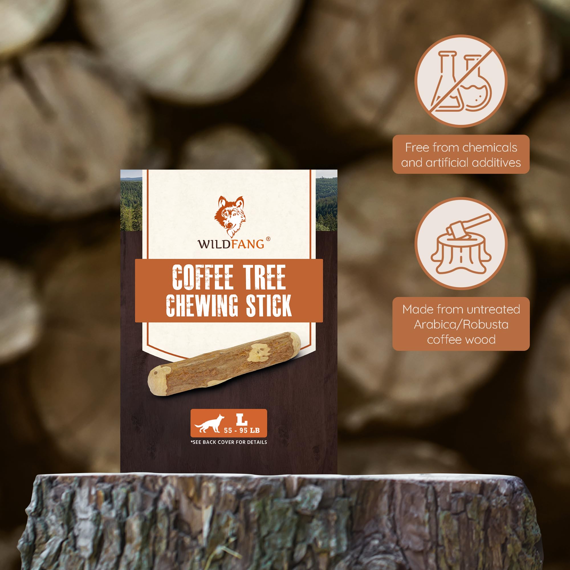 Wildfang Coffee Wood Chew close-up texture shows natural fibers for jaw-strength