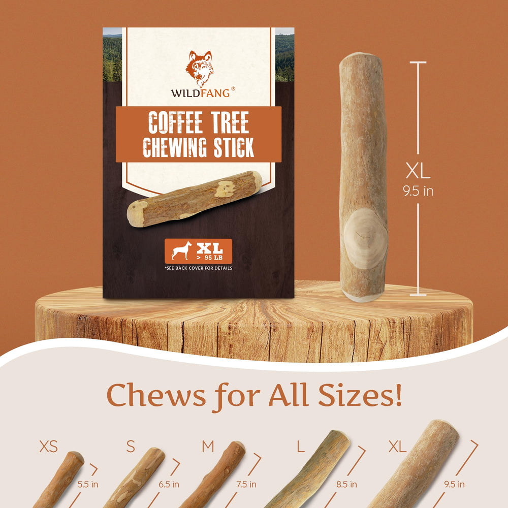 Wildfang Coffee Wood Dog Chew XL durable design highlights splinter resistance.