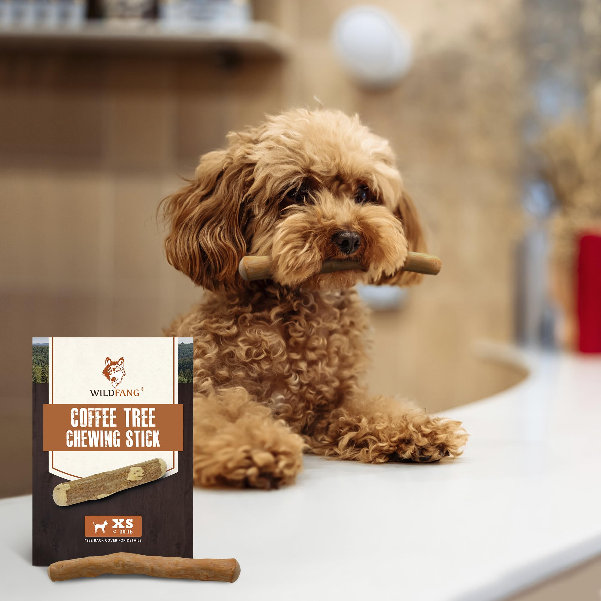 Wildfang Coffee Wood Dog Chew XS closeup highlights smooth wood grains and safe chew surface.